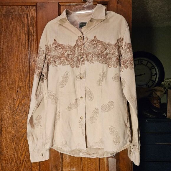 Bit & Bridle Horse Print Button-Down Shirt – Women's Medium – Cream Faux Suede - Picture 1 of 7